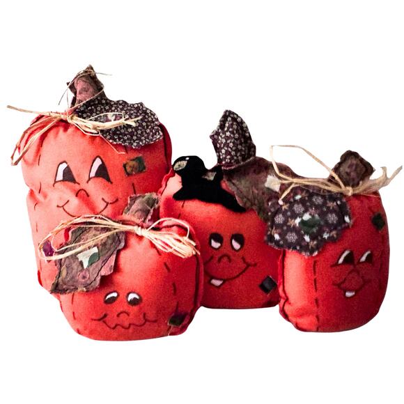 Vintage Fabric Pumpkin Décor Set of 4 – Primitive Handmade Fall Halloween - Picture 1 of 12